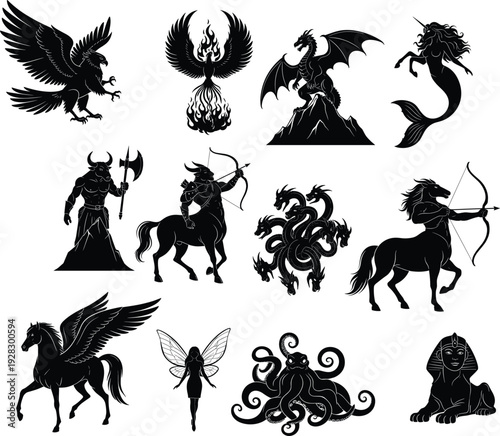 Fantasy mythical creatures silhouette set with griffin, dragon, mermaid, centaur, hydra, minotaur, phoenix, pegasus, fairy, kraken, and sphinx
