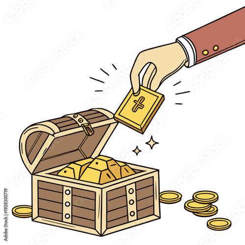 Hand putting gold coin into treasure chest filled with gold coins and bars