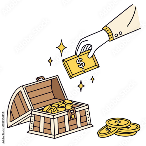 Cartoon hand putting money into treasure chest coins