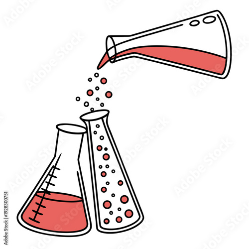 Cartoon style of two conical flasks with red liquid and bubbles