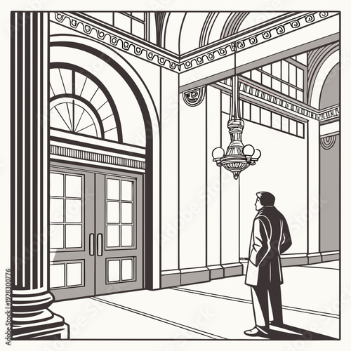 Grayscale of a woman standing in a grand building lobby