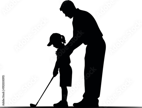 Adult teaching young child how to play golf together