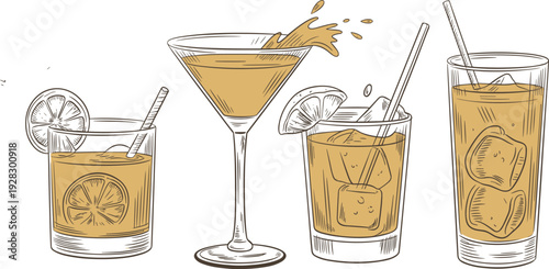 Four illustrated glasses of iced tea with lemon slices and ice cubes in different styles straws