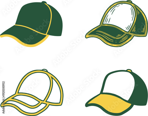 Baseball Cap Vector Collection – Green and Yellow Snapback Hat Illustration