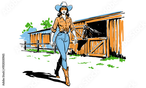 Obraz na płótnie Confident cowgirl walking past stable