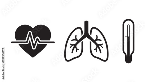 Medical Icons Vector Illustration Of Heart, Lungs, And Thermometer For Healthcare And Medicine Concept Isolated On White Background