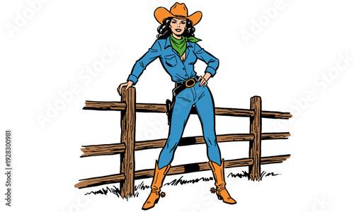 Confident retro cowgirl comic book heroine. Strong woman wearing Western denim attire. Pop Art vector illustration. Ranch lifestyle character design.