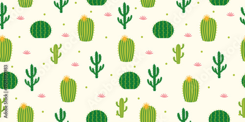 Cute Cactus Seamless Pattern with Desert Flowers on Neutral Background