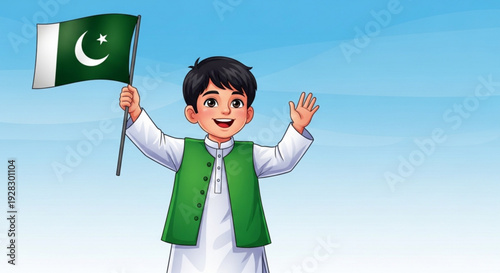 Smiling pakistani boy waving and holding flag on sunny day with blue sky background