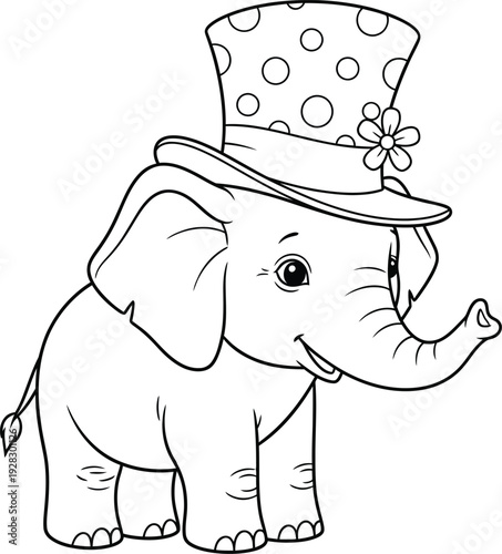 “Cute Baby Elephant Wearing a Polka Dot Hat – Adorable Cartoon Elephant Coloring Page for Kids”
