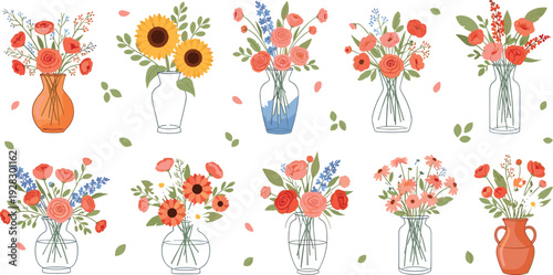 A colorful collection of hand-drawn flat vector flower bouquets in glass vases featuring sunflowers roses and daisies isolated on a white background for decor.