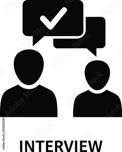A flat vector black and white interview icon featuring two people silhouettes with speech bubbles and a checkmark symbol isolated on white background.