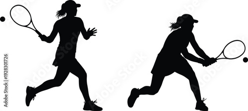 Black and white vector silhouettes of a female tennis player in action hitting the ball for sports competition and active lifestyle concepts.
