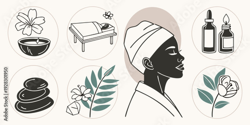 A woman wearing a hat surrounded by various hat designs and illustrations Vector