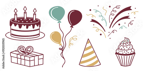 A delightful assortment of birthday treats and decorations for a festive celebration Vector