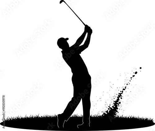 Golfer in mid swing action silhouette with grass impact effect