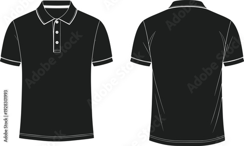 Black polo shirt vector mockup featuring front and back views with white outlines and buttons for clothing design template isolated on white background