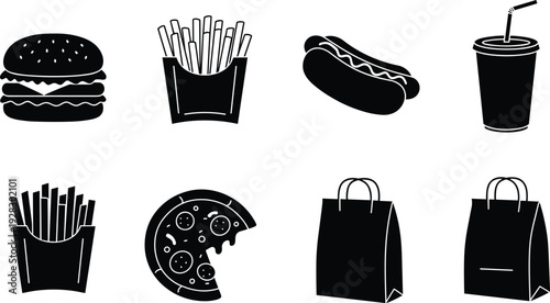 Fast food icons, hamburger, fries, hot dog, pizza slice, drink cup, takeaway bags, vector art, snack, meal, packaging, restaurant, junk food
