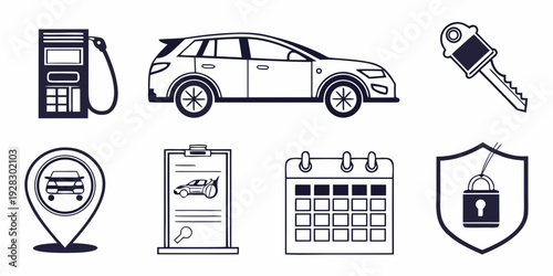 Illustration of various transportation and travel-related icons. Vector