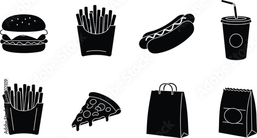 Fast food silhouette vector set – burger, fries, hot dog, soda, pizza slice, takeaway bag icons for restaurant design