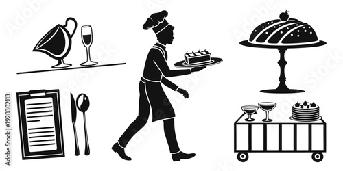 A chef carrying a tray of food in a restaurant setting with various kitchen items around. Vector