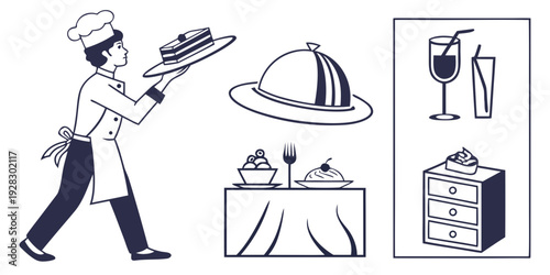 A man in a chef's hat holding a tray of food with various kitchen items around him. Vector