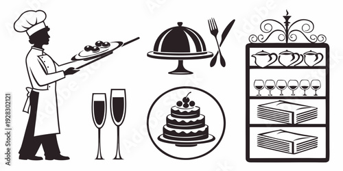 A chef preparing a meal with a wine glass and a cake in the background Vector