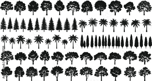 Black Silhouette Collection of Various Trees Set with Pine Palm Cypress and Deciduous Woodland Elements Isolated on White Background for Nature and Landscape Designs