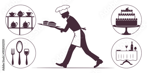 A chef is holding a plate of food while walking past various kitchen icons. Vector