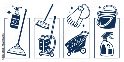 Illustration of various cleaning tools and supplies for household chores. Vector