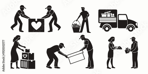 A group of people working together to load and unload a delivery truck. Vector