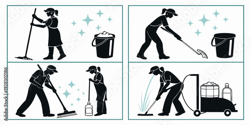 Illustrations of various cleaning tasks being performed by individuals Vector