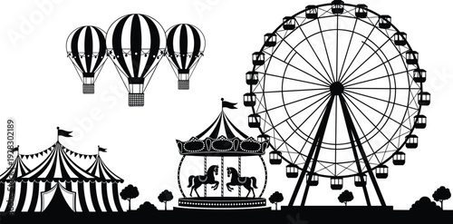 Black Silhouette of Amusement Park Elements Set with Ferris Wheel Carnival Tent Carousel and Hot Air Balloons Isolated on White Background for Fairground Festival Designs