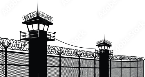 Black silhouette of a high security prison fence with watchtowers and coiled razor wire against a white background for justice and incarceration concepts.