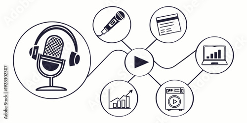 Microphone with various icons representing different types of media and data analysis Vector