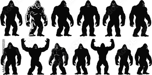 Black silhouettes of bigfoot sasquatch and gorilla characters in various powerful poses featuring mythical forest creatures and strong primates for mystery and nature design.