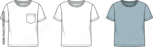Blank men short sleeve crew neck t-shirt flat sketch vector illustration set with pocket and plain colored clothing mockup templates