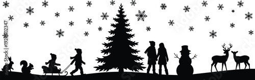 Black silhouettes of children playing in winter with snowman pine tree deer and snowflakes featuring holiday outdoor activity for Christmas and seasonal nature design.
