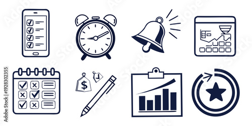 A collection of icons representing productivity, time management, and financial planning. Vector