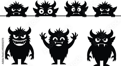 Black silhouettes of scary monsters with horns and sharp teeth peeking from edge featuring creepy hairy creatures for Halloween horror and spooky graphic design