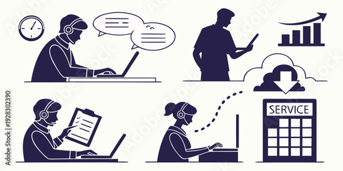 Diverse group of people engaged in various professional activities and tasks. Vector