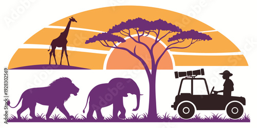 A family of elephants and giraffes roaming the savannah with a safari vehicle nearby Vector