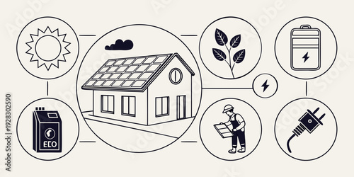 Illustration depicting various aspects of sustainable and eco-friendly living. Vector