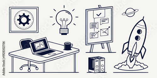 A creative workspace with various tools and objects for brainstorming and innovation Vector