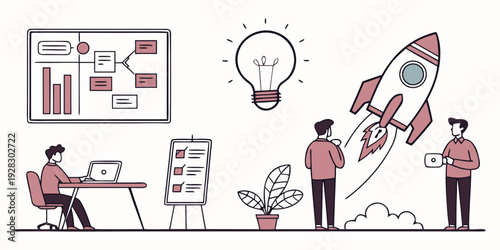 Innovative team brainstorming and launching a new project with enthusiasm Vector