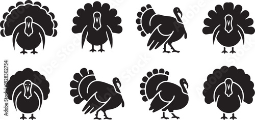 Eight black and white illustrations of turkeys in various poses.