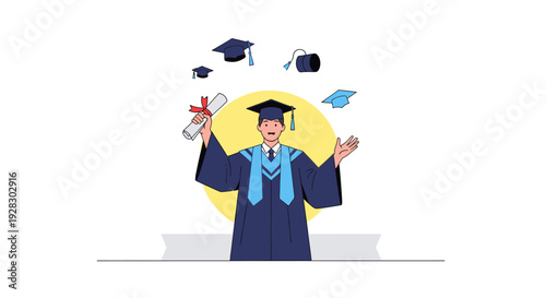 Graduate in cap and gown celebrating success with diploma and tossed hats