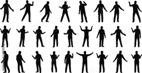 Male gestures silhouettes set, standing men with expressive hand movements isolated black vector illustration collection