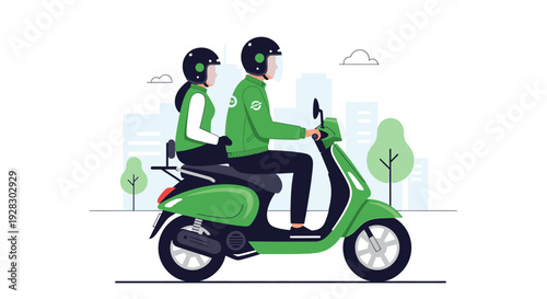 Illustration of two people riding green scooter against a cityscape background