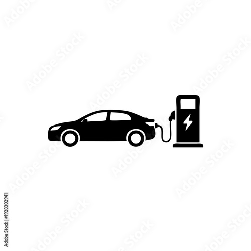 Modern electric car connected to a charging station in a parking lot